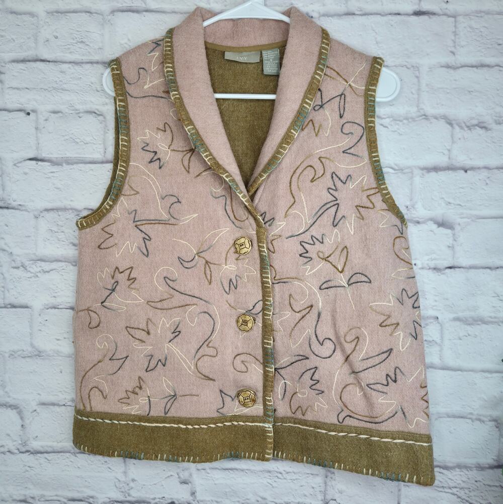 Vintage IVY Wool Blend Embroidered Blanket Vest Shawl Collar Boho Artsy Fall S